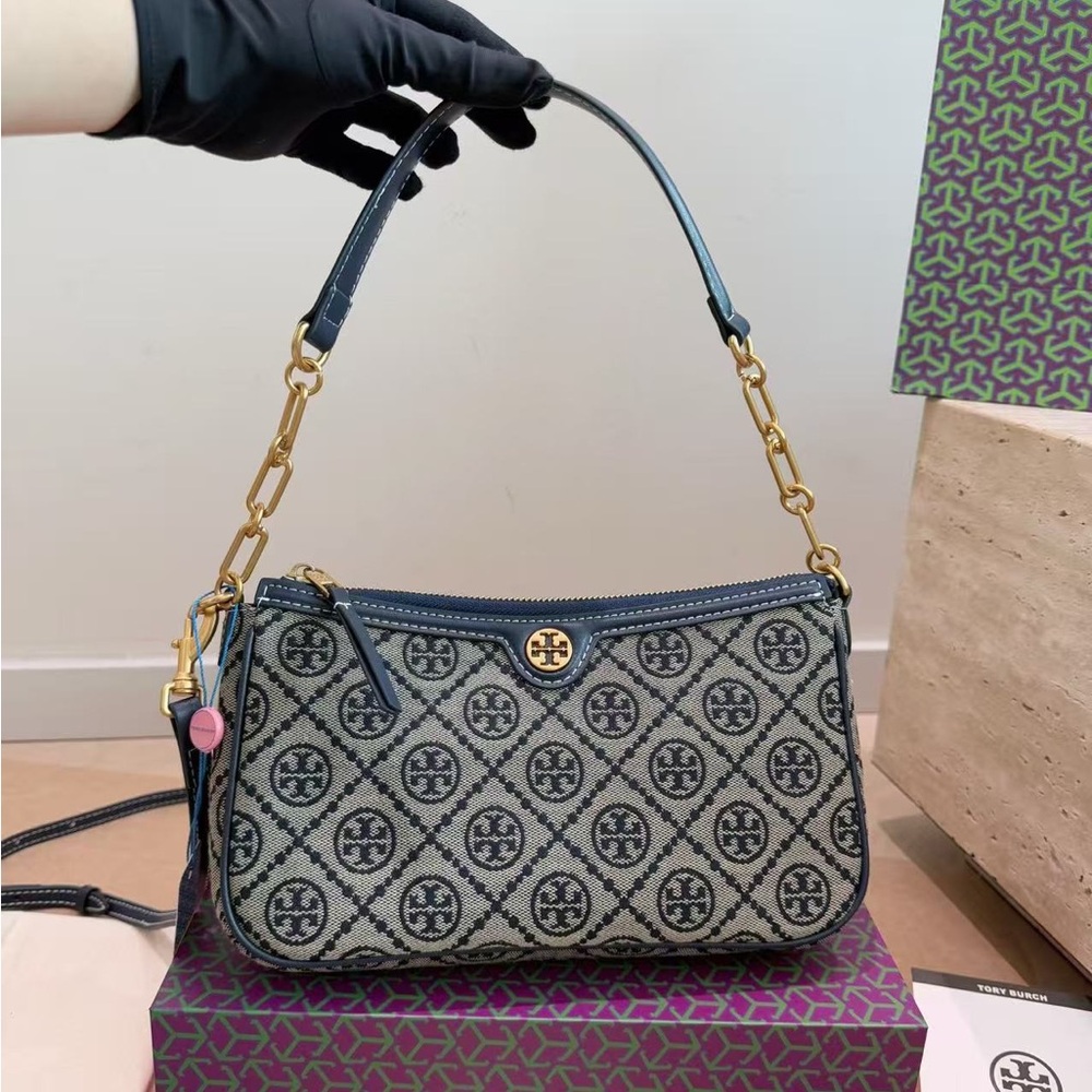 NWT Tory Burch T Monogram Jacquard Shoulder Bag Navy Chain Crossbody Handbag